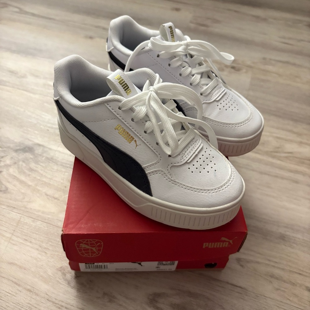 Puma Karmen Rebelle Platform Sneakers White Black Gold Accents 13C BOX